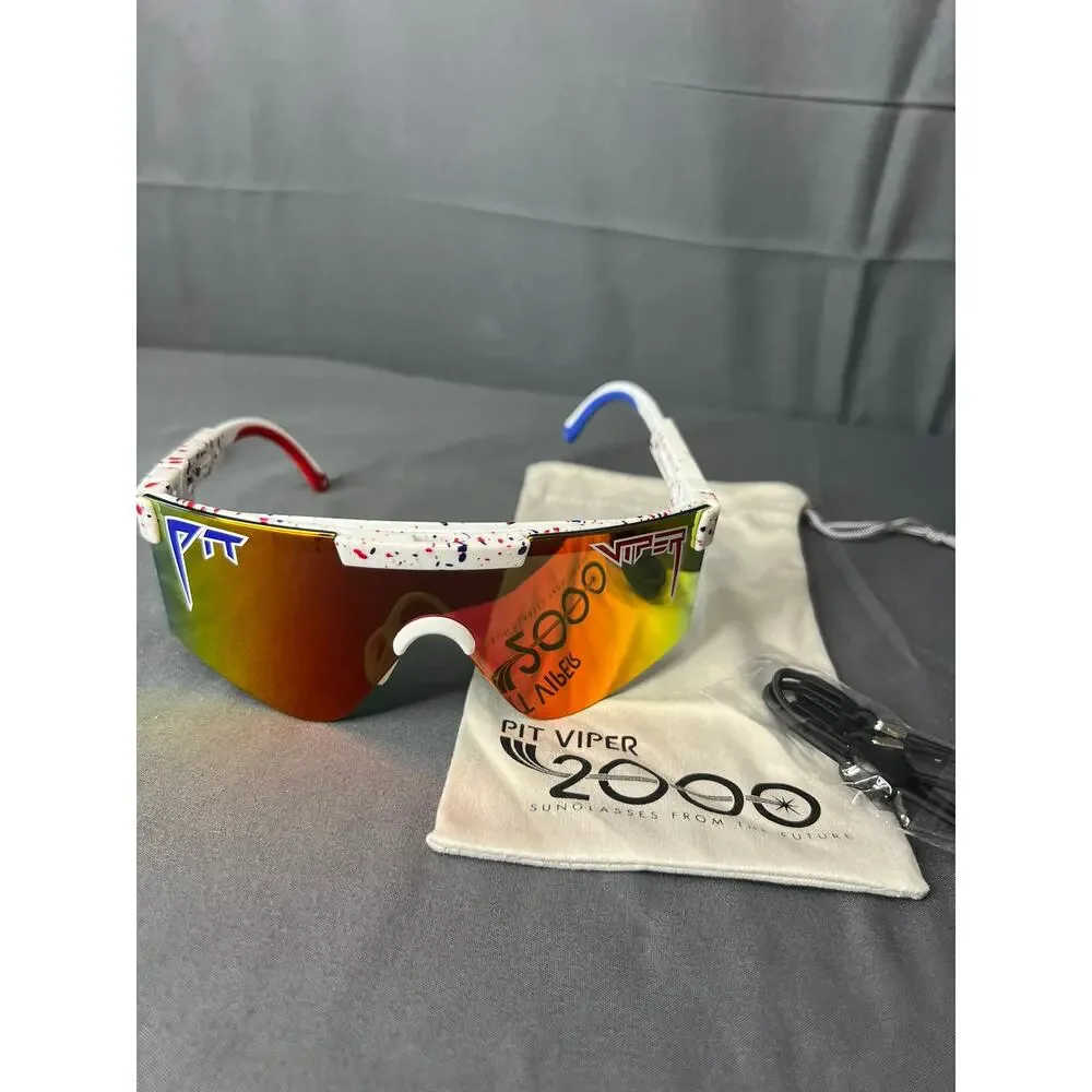 Pit Viper white splatter sunglasses with red and blue accents